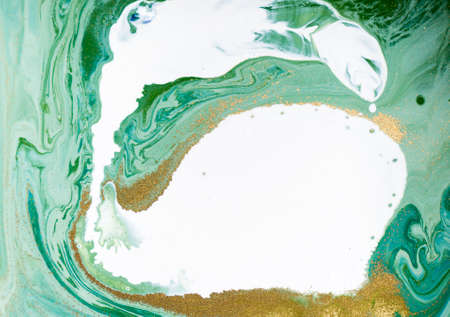 Marbled green and golden abstract background. Liquid marble patternの写真素材