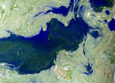 Marbled blue, green and golden abstract background. Liquid marble pattern.