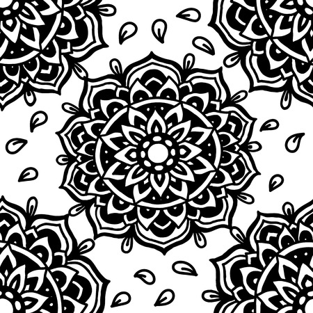 Abstract background. Vector illustration. Ethnic mandala monochrome seamless pattern. Indian ornamentのイラスト素材
