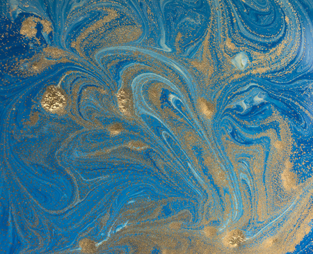 Marbled blue and golden abstract background. Liquid marble patternの写真素材