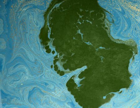 Marbled blue and golden abstract background. Liquid marble patternの写真素材