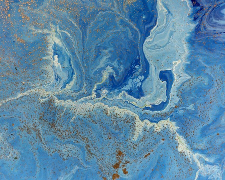 Marbled blue and golden abstract background. Liquid marble pattern.の写真素材