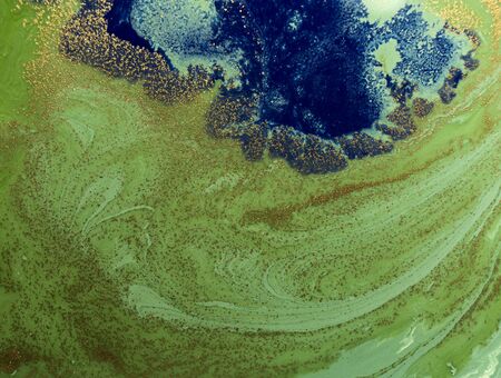 Marbled blue and golden abstract background. Liquid marble patternの写真素材