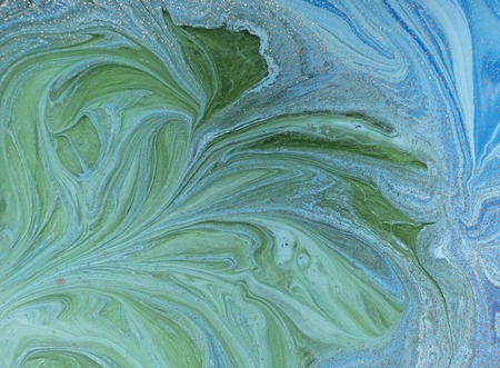Marbled blue, green and golden abstract background. Liquid marble patternの写真素材