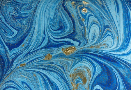 Marbled blue and golden abstract background. Liquid marble patternの写真素材