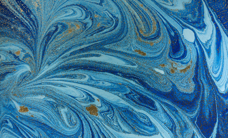 Marbled blue and golden abstract background. Liquid marble patternの写真素材