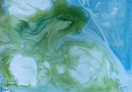 Marbled blue, green and golden abstract background. Liquid marble patternの写真素材