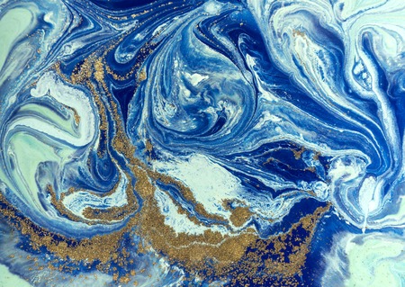 Marbled blue and golden abstract background. Liquid marble patternの写真素材
