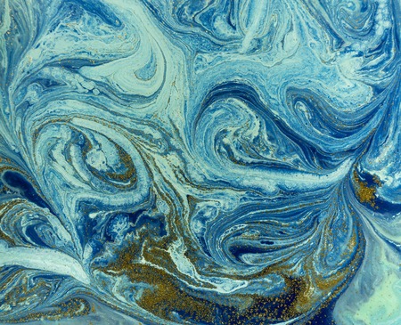 Marbled blue and golden abstract background. Liquid marble patternの写真素材