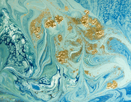 Marbled blue and golden abstract background. Liquid marble pattern.の写真素材