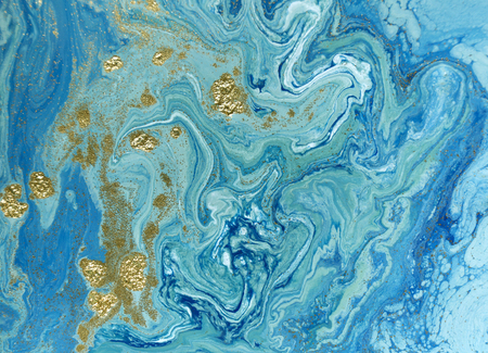 Marbled blue and golden abstract background. Liquid marble pattern.の写真素材