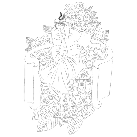 Uncolored Beautiful fashion woman with flowers in retro style. Coloring book. Vector illustration.のイラスト素材