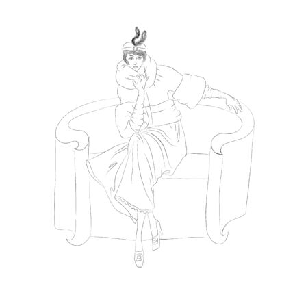 Beautiful fashion woman in retro style. Coloring book. Vector illustration.の写真素材