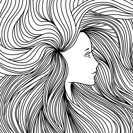 Girl with long beautiful hair. Vector illustration. Black and white sketchのイラスト素材