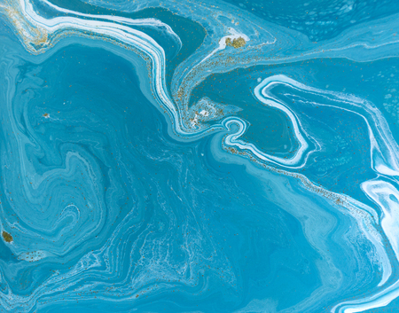Marbled blue and golden abstract background. Liquid marble patternの写真素材