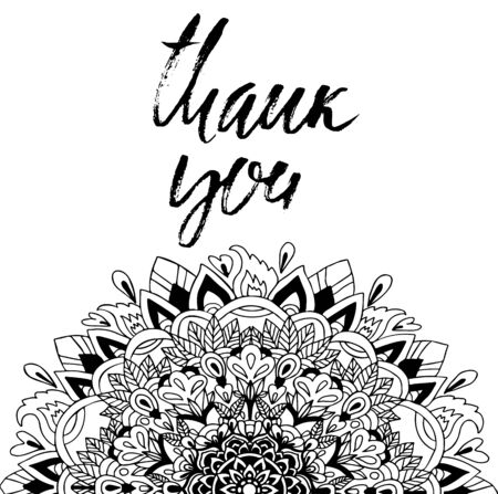 Thank You handwritten inscription. Mandala pattern. Hand drawn lettering. Thanks card. Vector illustration.のイラスト素材