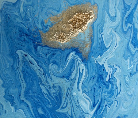 Marbled blue and golden abstract background. Liquid marble pattern