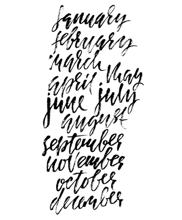 Hand drawn set of months. Modern dry brush lettering. Names of the months. Vector illustration. Handwritten grunge inscription.のイラスト素材