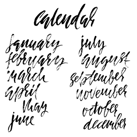 Hand drawn set of months. Modern dry brush lettering. Names of the months. Vector illustration. Handwritten grunge inscription.のイラスト素材