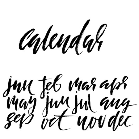 Hand drawn set of months. Modern dry brush lettering. Names of the months. Vector illustration. Handwritten grunge inscription.のイラスト素材