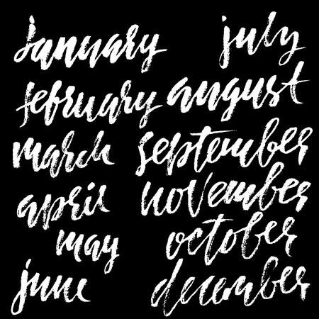 Hand drawn set of months. Modern dry brush lettering. Names of the months. Vector illustration. Handwritten grunge inscription.のイラスト素材