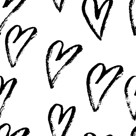 Abstract seamless hearts pattern. Ink grunge illustration. Black and white background.のイラスト素材