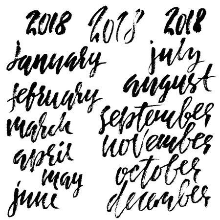 Hand drawn set of months in modern grunge dry brush lettering vector illustration.のイラスト素材