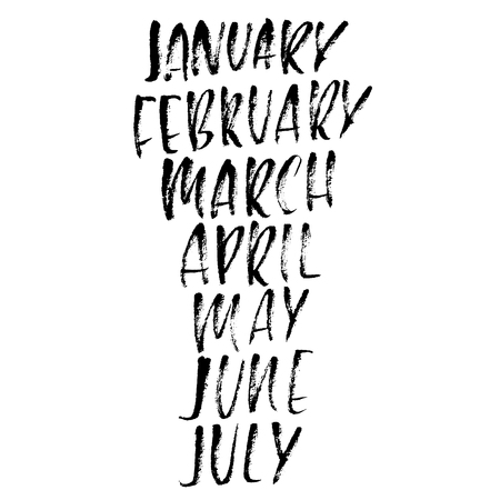 Hand drawn set of months. Modern dry brush lettering. Names of the months. Vector illustration. Handwritten grunge inscriptionのイラスト素材