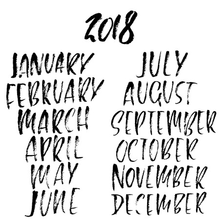 Hand drawn set of months. Modern dry brush lettering. Names of the months. Vector illustration. Handwritten grunge inscription. 2018のイラスト素材