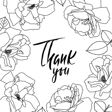 Thank you handwritten inscription. Hand drawn modern dry brush lettering. Thank you card. Vector illustration. Flowers frame.のイラスト素材
