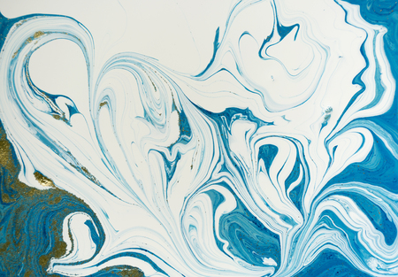 Marbled blue and golden abstract background. Liquid marble pattern.の写真素材