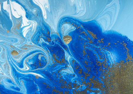 Marbled blue and golden abstract background. Liquid marble pattern.の写真素材