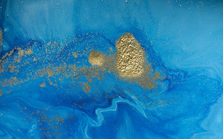 Marbled blue and golden abstract background. Liquid marble pattern.の写真素材