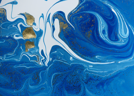 Marbled blue and golden abstract background. Liquid marble pattern.の写真素材