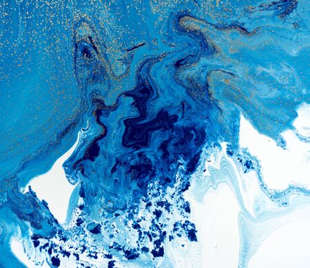 Marbled blue and golden abstract background. Liquid marble pattern.の写真素材