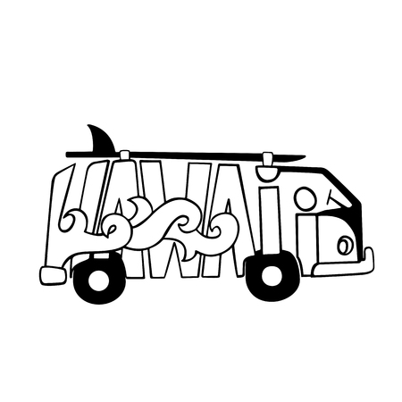 Black and white Hawaii surf print. Handdrawn lettering with a minivan. Vector bus illustrationのイラスト素材