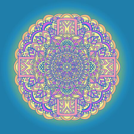 Abstract mandala ornament on blue background. Asian pattern. Orange gradient authentic background.のイラスト素材
