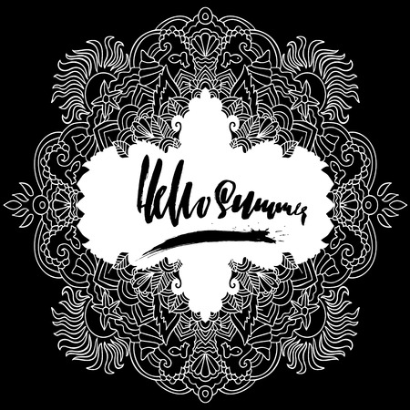 Abstract mandala ornament. Asian pattern. Black and white authentic frame. Modern dry brush lettering. Vector illustration.のイラスト素材