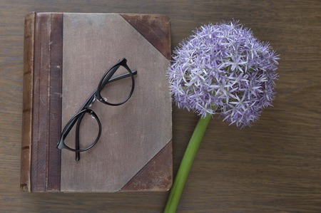 Notebook mock up for artwork with purple allium and glasses. Top view. Place for text. Fresh flower.の写真素材
