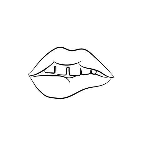 Girls open mouth with lips biting. Womans teeth. Pop art vector illustration. Black and white sketch.のイラスト素材