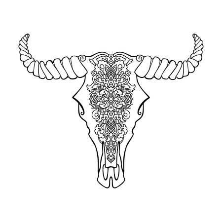 Mandala tattoo style dead cow head. Decorative ornament buffalo skull. Native indian art. Vector black and white illustration. Ethnic sketch design. Tribal boho style patternのイラスト素材