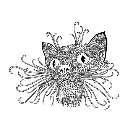 Black and wite animal with ethnic floral ornaments for adult coloring book. Zentagle pattern. Portrait of a cute pet.のイラスト素材