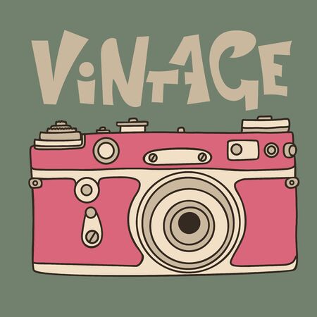 Pink retro film camera icon. Flat vector illustration. Analog photocamera. Vintage inscriptionのイラスト素材