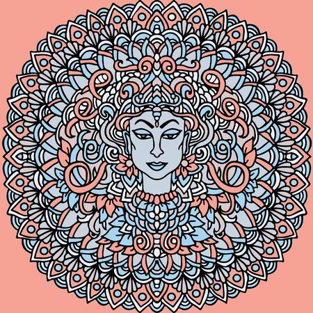 Abstract mandala ornament. Asian pattern. Authentic background. Vector illustration. Blue Kali faceのイラスト素材