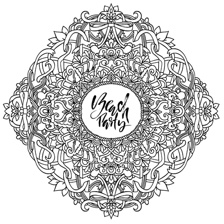 Handwritten inscription Mandala pattern Vector illustration with Beach party text.のイラスト素材