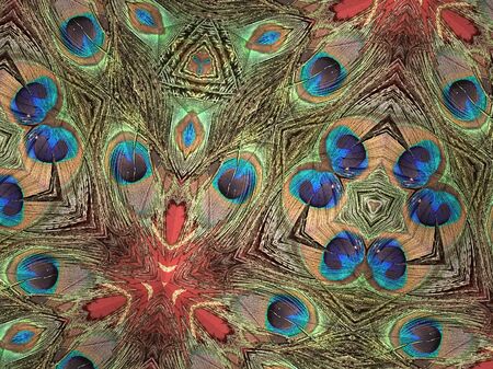 Peacock feathers kaleidoscope background. Blue and green nature pattern. Mozaic texture.