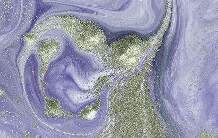 Marbled purple abstract background with golden sequins. Liquid marble ink pattern.