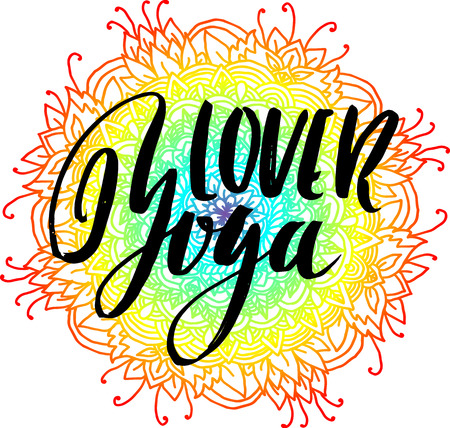 Yoga lover modern dry brush lettering on mandala pattern background. Yoga typography poster. Vector illustrationのイラスト素材