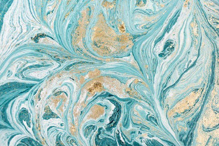 Marble abstract acrylic background. Blue marbling artwork texture. Golden glitter.の写真素材