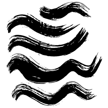 Grunge ink brush strokes. Freehand wave black brushes set. Handdrawn dry brush black smears. Modern vector illustrationのイラスト素材